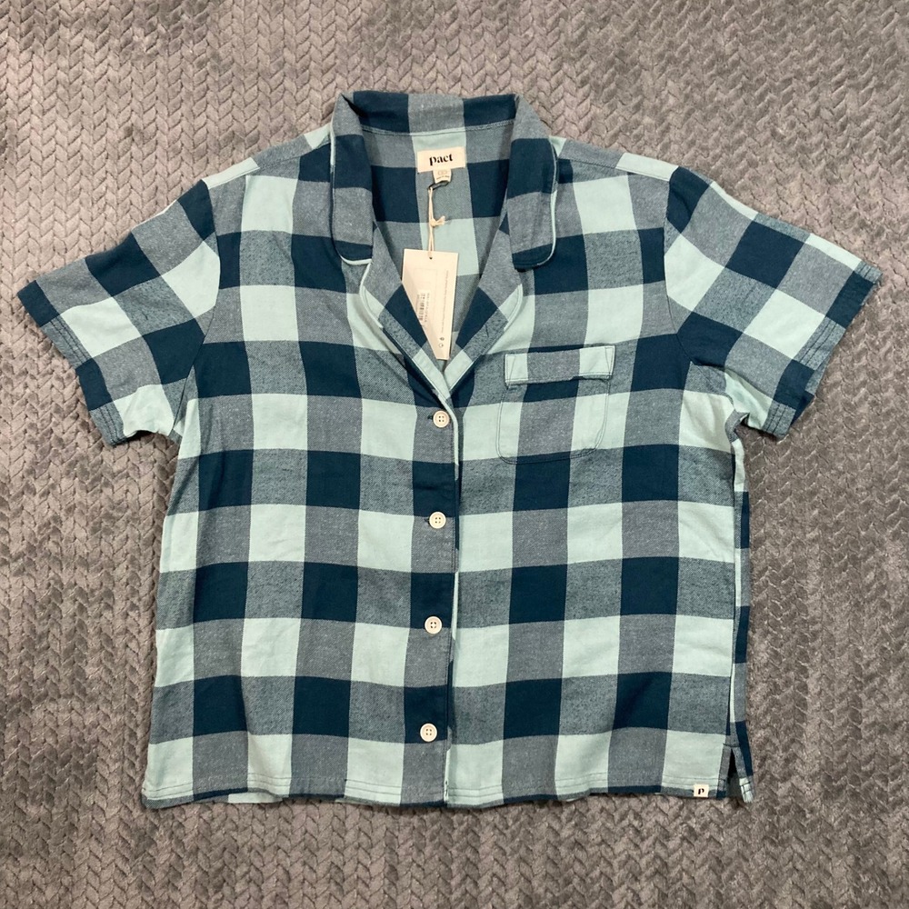 Pact Pajama Top Womens Large Buffalo Check Blue Button-Down Organic Cotton New
